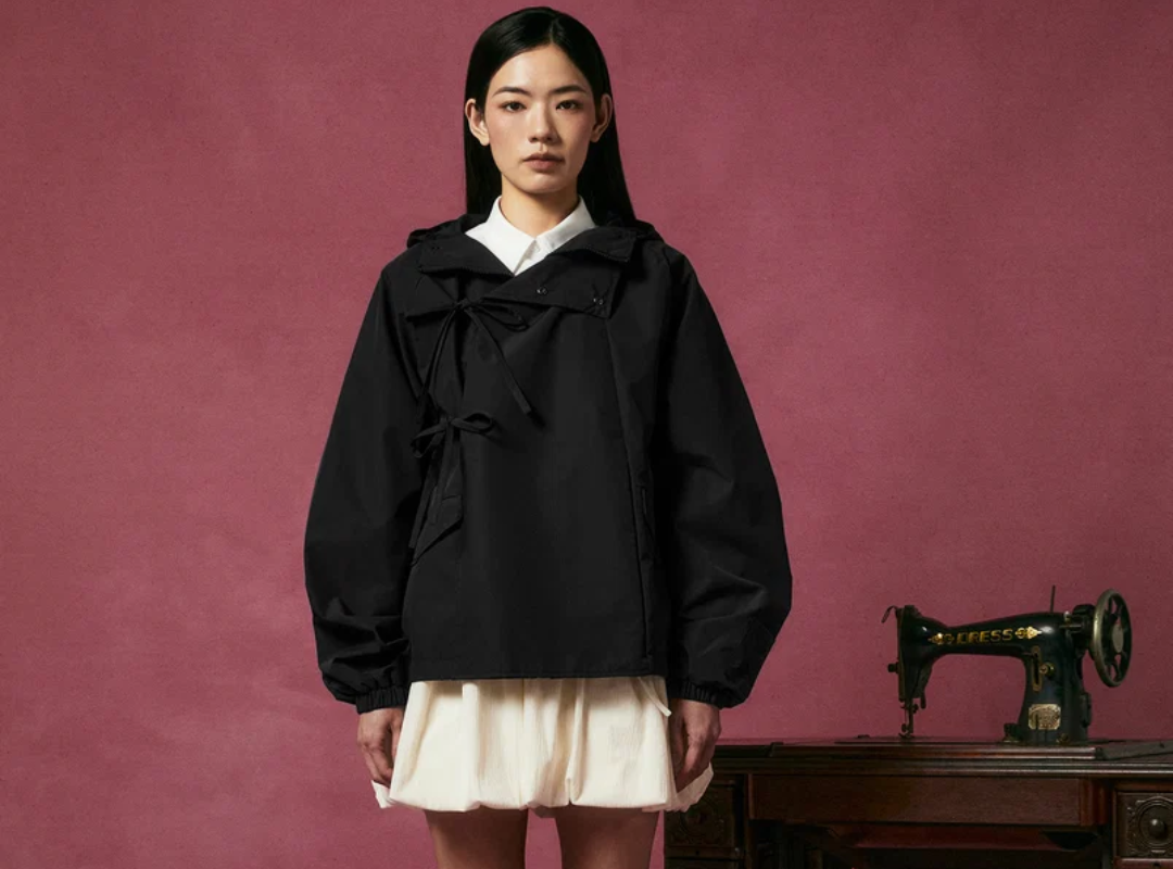 Sundae School fashion campaign with a model wearing a black jacket